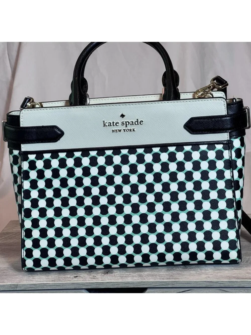 Kate Spade Black White Geometric Dot Satchel Crossbody Bag Leather Trim